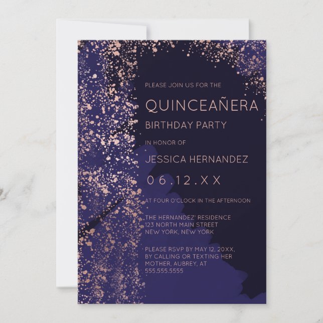 Invitation Rose de la Marine Gold Splatz Brushstroke Quinceañ (Devant)