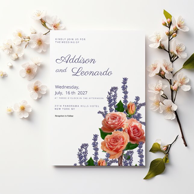 Invitation Rose de lavande botanique fleurs mariage (Botanic lavender peach rose flowers wedding)