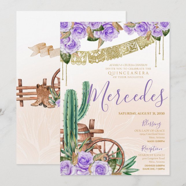Invitation Rose de lavande Western Cactus Charro Quinceanera (Devant / Derrière)