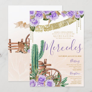 Invitation Rose de lavande Western Cactus Charro Quinceanera