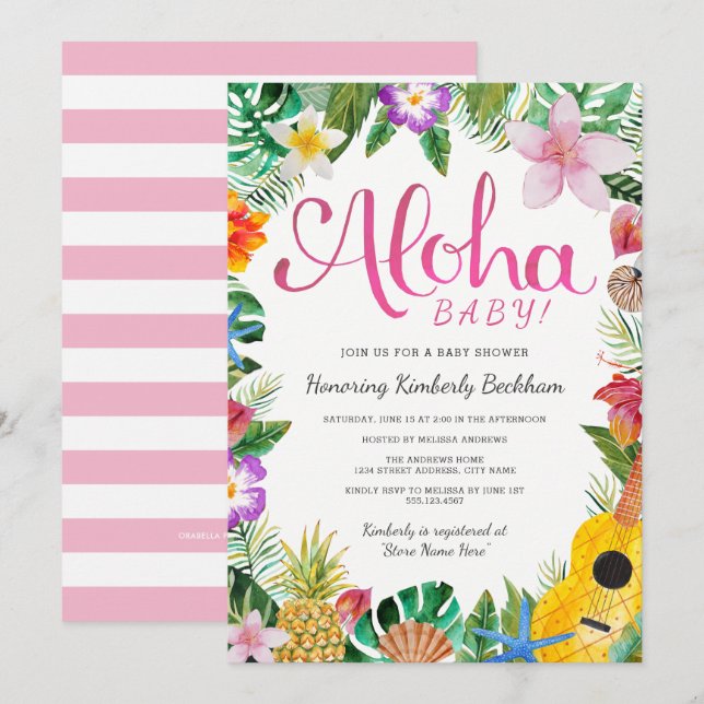 Invitation Rose de l'invitation | de baby shower de Luau (Devant / Derrière)