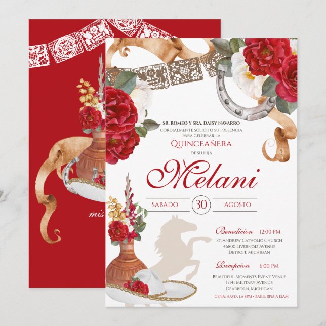 Invitation Rose de l'Ouest rouge Charra Ranchera Quinceanera (Devant / Derrière)
