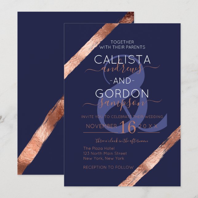 Invitation Rose de luxe Marine Gold Brushstroke Frame Mariage (Devant / Derrière)