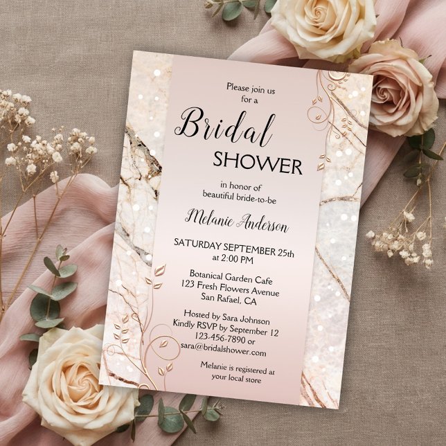 Invitation Rose de marbre or Floral douche nuptiale Invitatio (Bridal shower invitation featuring rose gold floral swirls on a blush pink with marble background)