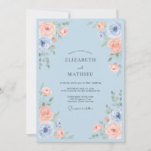 Invitation Rose de mariage bleu ciel serein