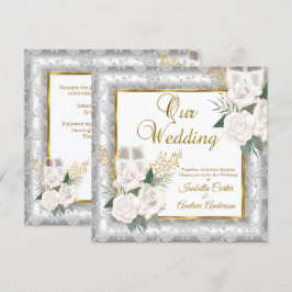 Invitation Rose de mariage champagne or argent damas