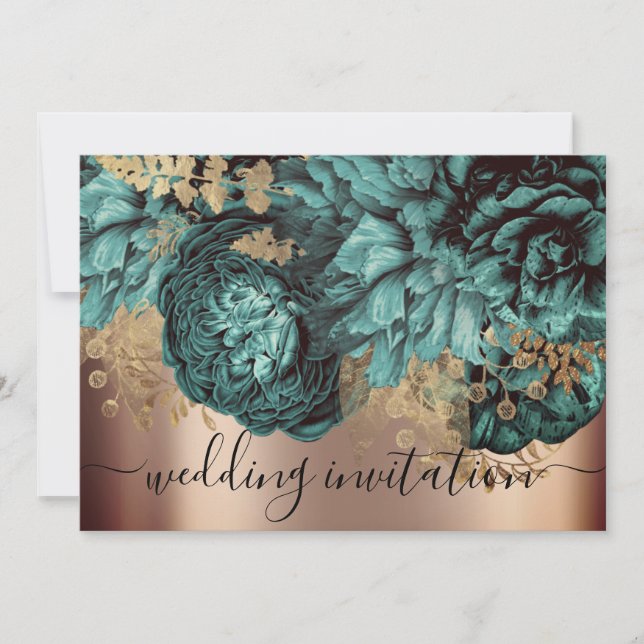 Invitation Rose de Mariage de naissance Turquoise Roses verts (Devant)
