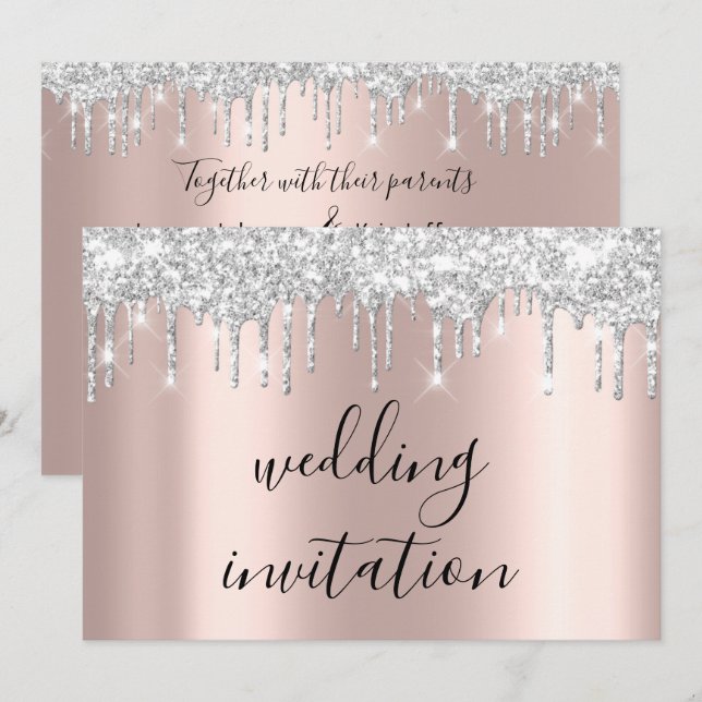 Invitation Rose de Mariage d'étincelle gris argent (Devant / Derrière)