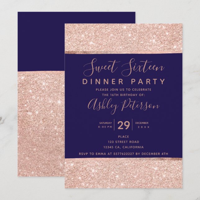 Invitation Rose de marine parties scintillant d'or typographi (Devant / Derrière)