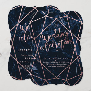 Invitation Rose de minuit en marbre bleu+Faux Mariage d'or