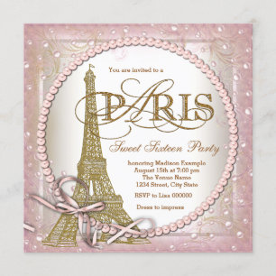 Invitation Rose de partie du bonbon 16 de Paris et perle d'or
