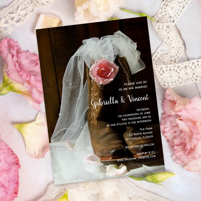 Invitation Rose de pays et Boots de Cowboy Mariage de l'Ouest (Créateur téléchargé)