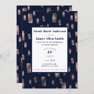 Invitation Rose de pinceau moderne or & Mariage bleu marine