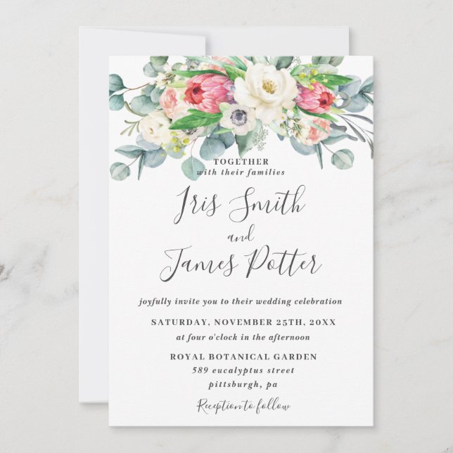 Invitation Rose de Protea rustique Blush Mariage floral ivoir (Devant)