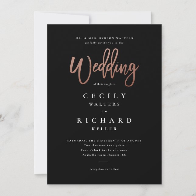 Invitation Rose de script moderne Mariage or  (Devant)