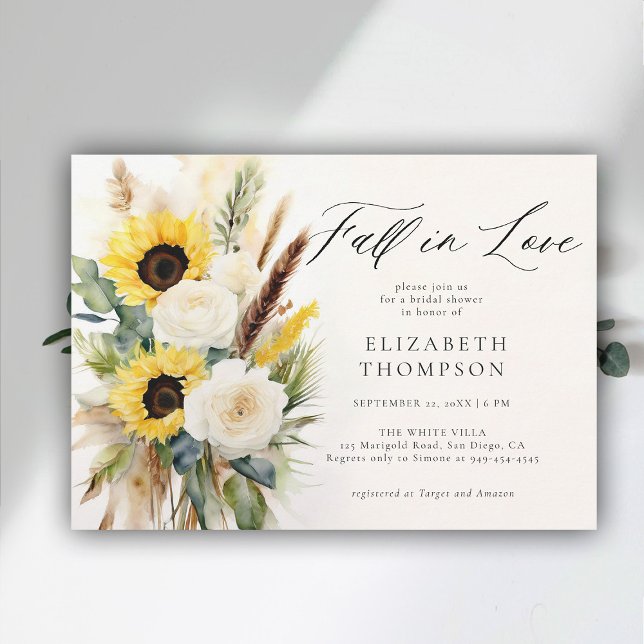 Invitation Rose de tournesol Boho Pampas Fête des mariées rus (fall in love bridal shower invitation sunflower boho pampas terracotta watercolor elegant modern )