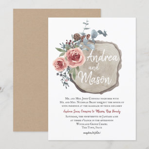 Invitation Rose de tranche de bois et Mariage d'eucalyptus
