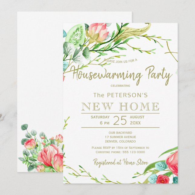 Invitation Rose d'été jardin élégant chic nouvelle maison fêt (Devant / Derrière)