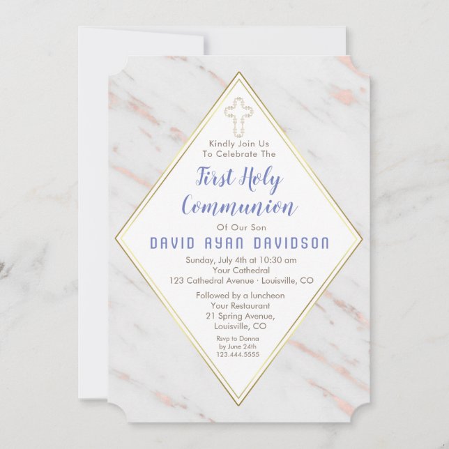 Invitation Rose diamant Marbre d'or Première communion sainte (Devant)