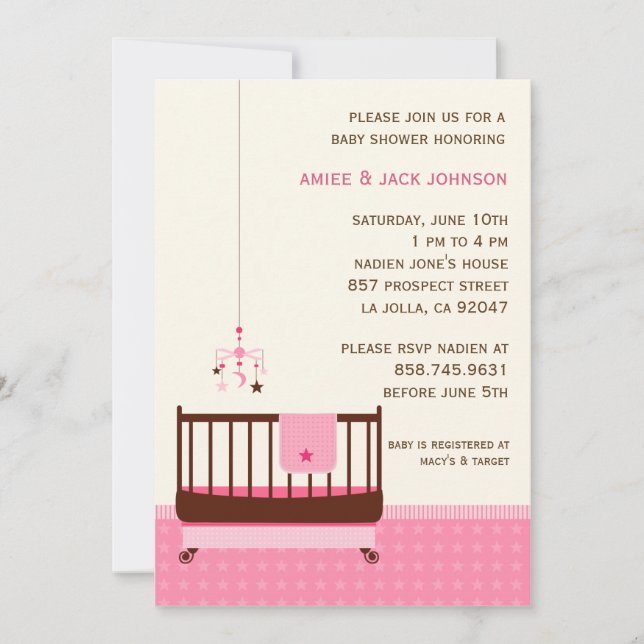 Invitation Rose d'invitation de baby shower de berceuse (Devant)