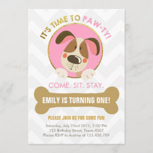 Invitation Rose d'invitation de chiot et Patte-ty d'or