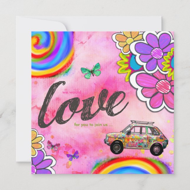 Invitation Rose d'invitation de colorant de cravate de hippie (Devant)