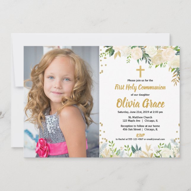 Invitation rose d'or blanc floral Première communion sainte (Devant)