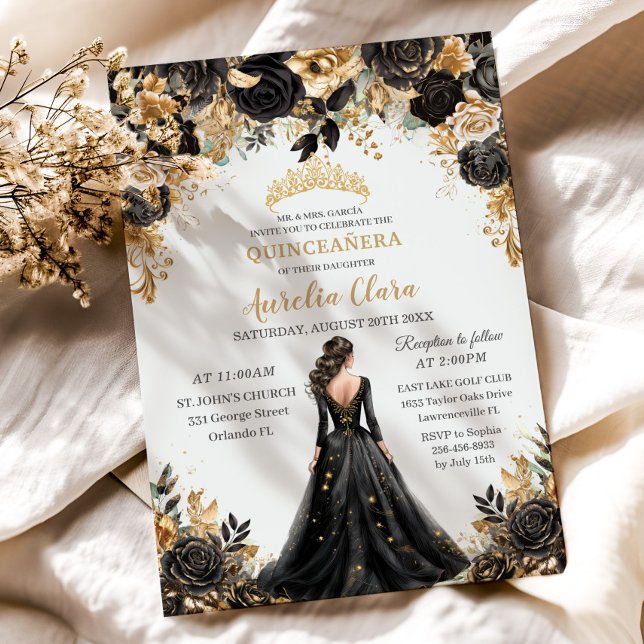 Invitation Rose d'or noir Floral Princesse robe Quinceañera (ornate baroque black and gold floral brunette girl black dress quinceanera birthday invitation cards)