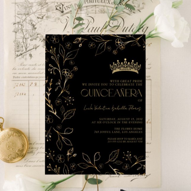 Invitation Rose d'or noir moderne Floral Tiara Quinceañera (Créateur téléchargé)