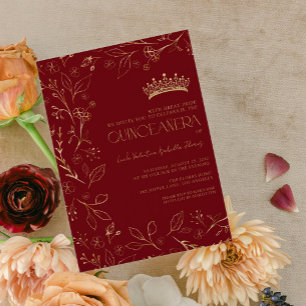 Invitation Rose d'or rouge moderne Floral Tiara Quinceañera