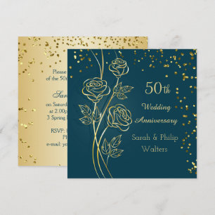 Invitation Rose d'or sur bleu vert, confetti 50e anniversaire