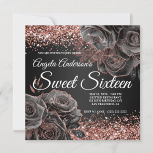 Invitation Rose doré noir brillant Sweet sixteen
