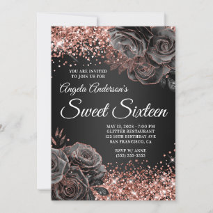 Invitation Rose doré noir brillant Sweet sixteen