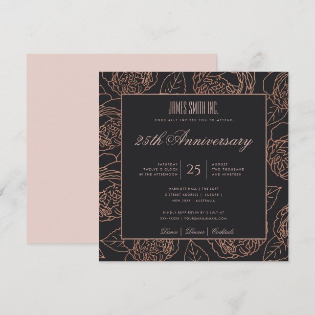 INVITATION ROSE DORÉ NOIR FLORAL ÉVÉNEMENT ENTREPRISE FÊTE (Devant / Derrière)