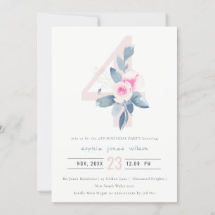INVITATION ROSE DOUCE BLEU BLEU FLORAL 4E TOUT ÂGE ANNIVERSAI