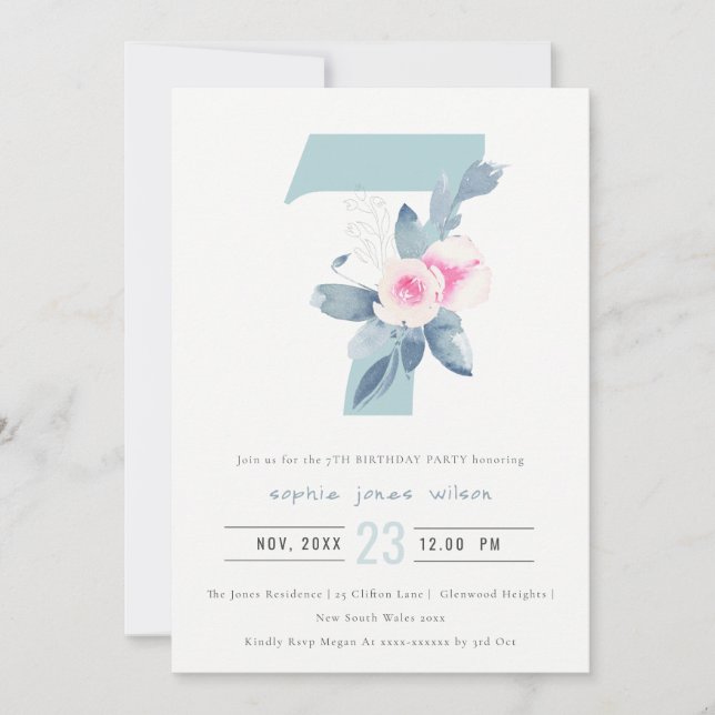 INVITATION ROSE DOUCE BLEU BLEU FLORAL 7E TOUT ÂGE ANNIVERSAI (Devant)