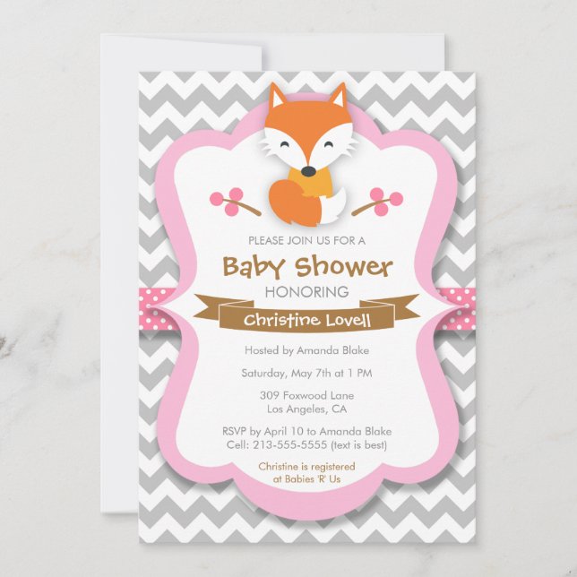 Invitation rose douce de baby shower de Fox (Devant)