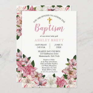Invitation Rose doux   Baptême floral Vintage blanc