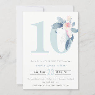 INVITATION ROSE DOUX BLEU BLEU FLORAL 10E TOUT ÂGE ANNIVERSAI