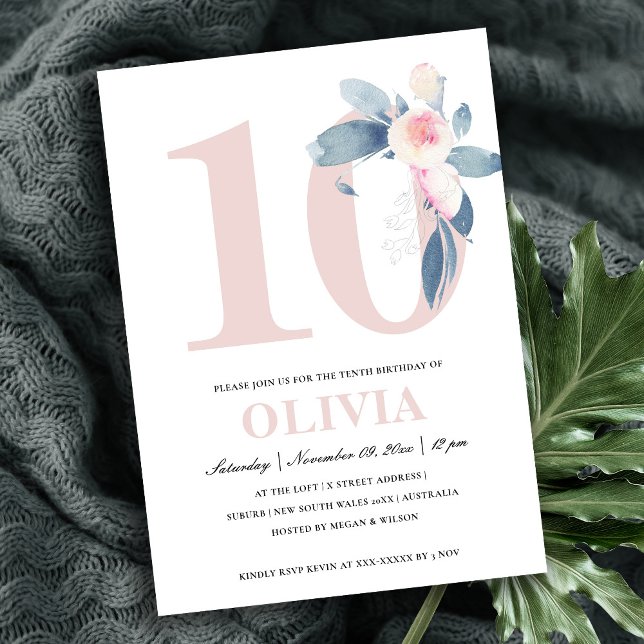 INVITATION ROSE DOUX BLEU BLEU FLORAL 10E TOUT ÂGE ANNIVERSAI (Créateur téléchargé)