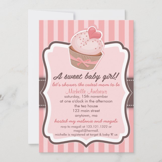 Invitation Rose doux de petit gâteau de baby shower de fille (Devant)