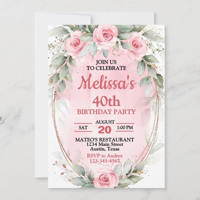 Invitation Rose doux & Sage Vert Roses chaque année Anniversa (Devant)