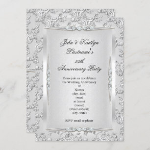 Invitation rose du 25e anniversaire Damask Silver White