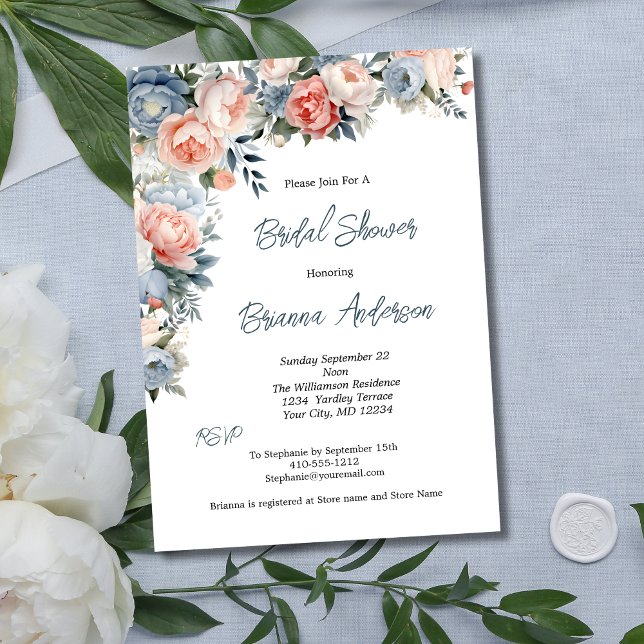 Invitation Rose Dusty Bleu Blanc Floral Élégante Fête des mar (Dusty Blue Pink White Floral Bridal Shower Invitation)