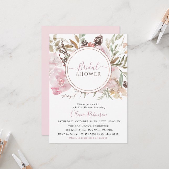 Invitation Rose Dusty Élégant Floral Douche nuptiale Invitati (Devant/Arrière en situation)