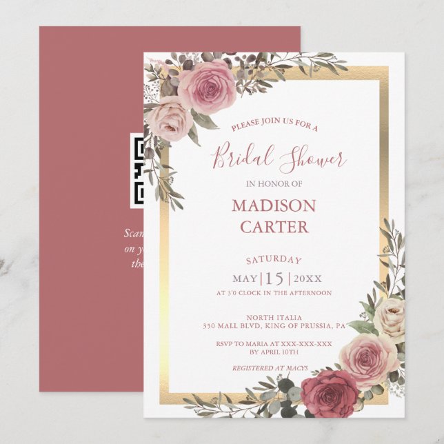 Invitation Rose Dusty Floral Rose Fête des mariées or (Devant / Derrière)