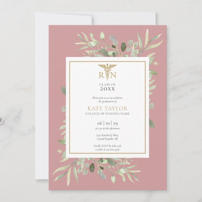 Invitation Rose Dusty Greenery RN Nursing Graduation Photo En (Devant)