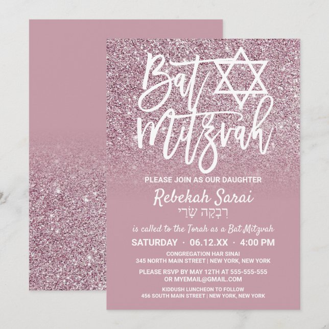 Invitation Rose Dusty Parties scintillant rose or Ombre Bat m (Devant / Derrière)