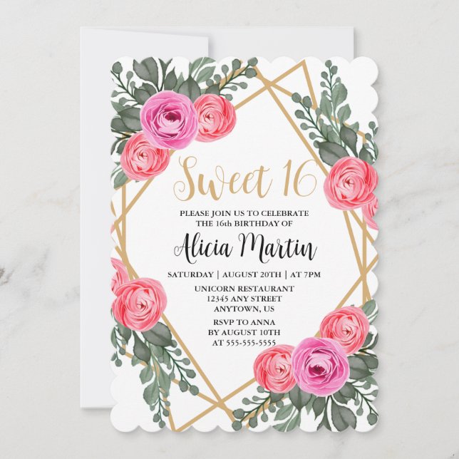 Invitation Rose Dusty Vert Flora Or Sweet 16 (Devant)