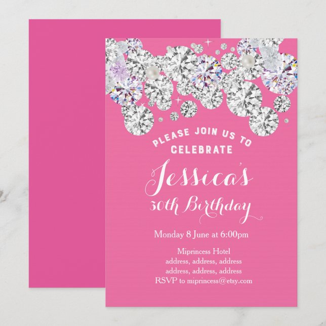 Invitation ROSE élégant diamant, parties scintillant invitati (Devant / Derrière)